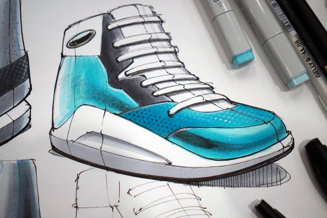 Turquoise high-top sneaker with a hexagonal side panel by Martijn van de Wiel