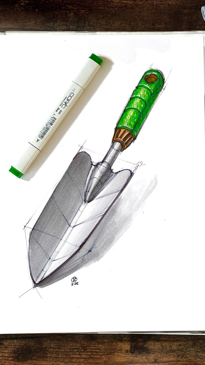 Garden trowel with a green patterned handle by Thomas Kok