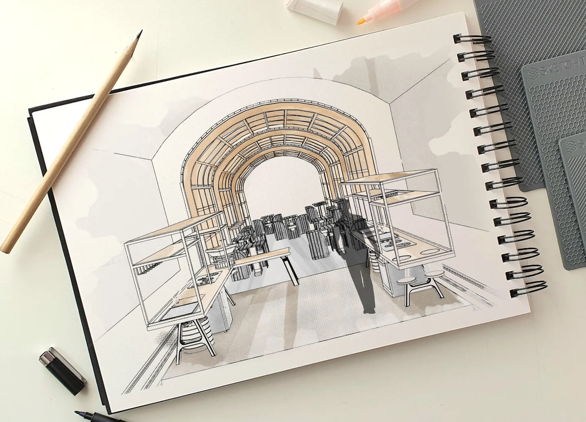 Architectural interior in a sketchbook by Leo & Natalia