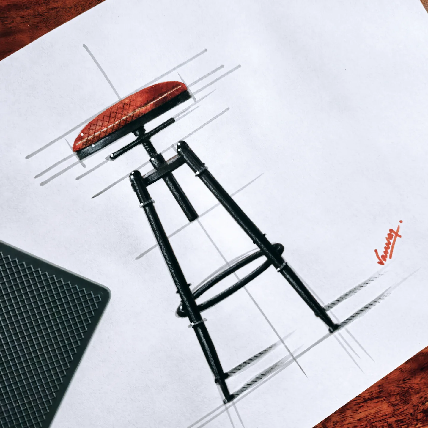 Tall stool sketch with a red seat by Dr. Kanvar Nayer