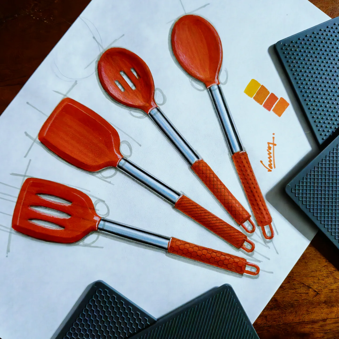 Red kitchen utensils with patterned handles by Dr. Kanvar Nayer