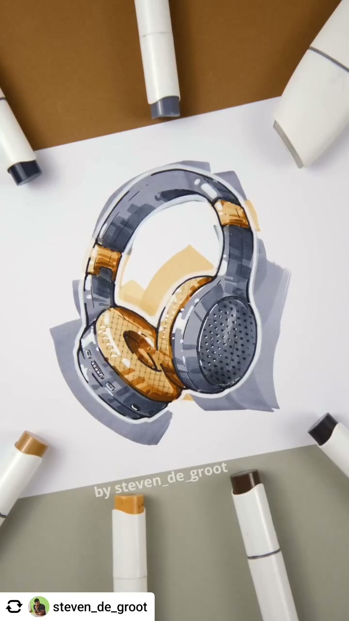 Headphone sketch with gold cushions (video still) by Steven de Groot