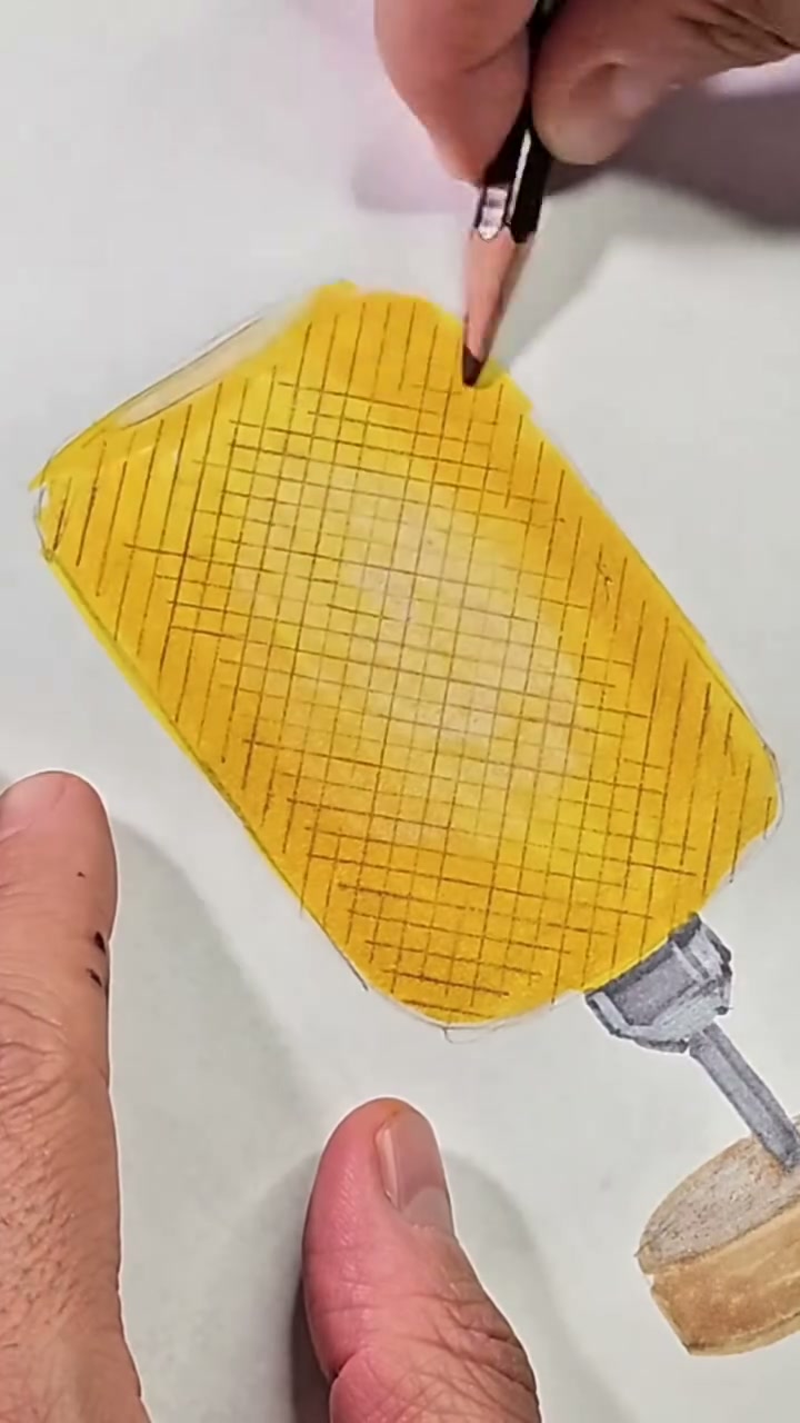Pencil adding the second set of lines across the first, making a grid on the yellow lampshade.