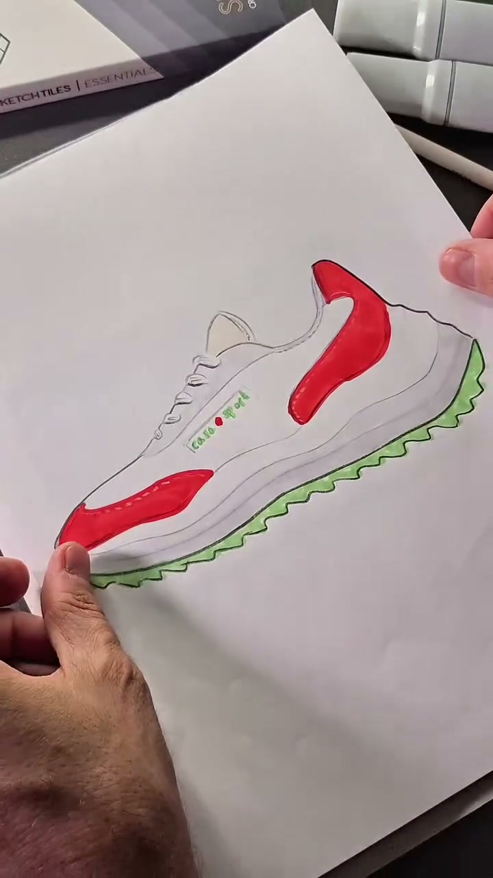 Sneaker sketch before dotted texture is added to the pale panels.
