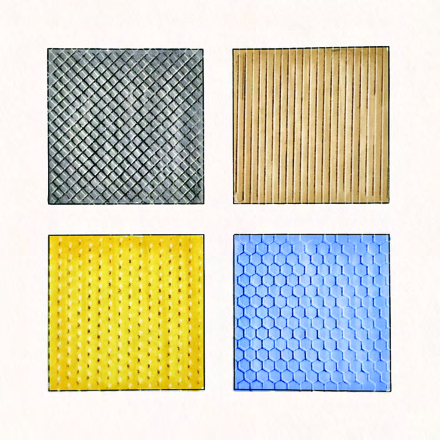 Four coloured texture swatches use light and dark offsets to suggest raised and recessed surfaces.
