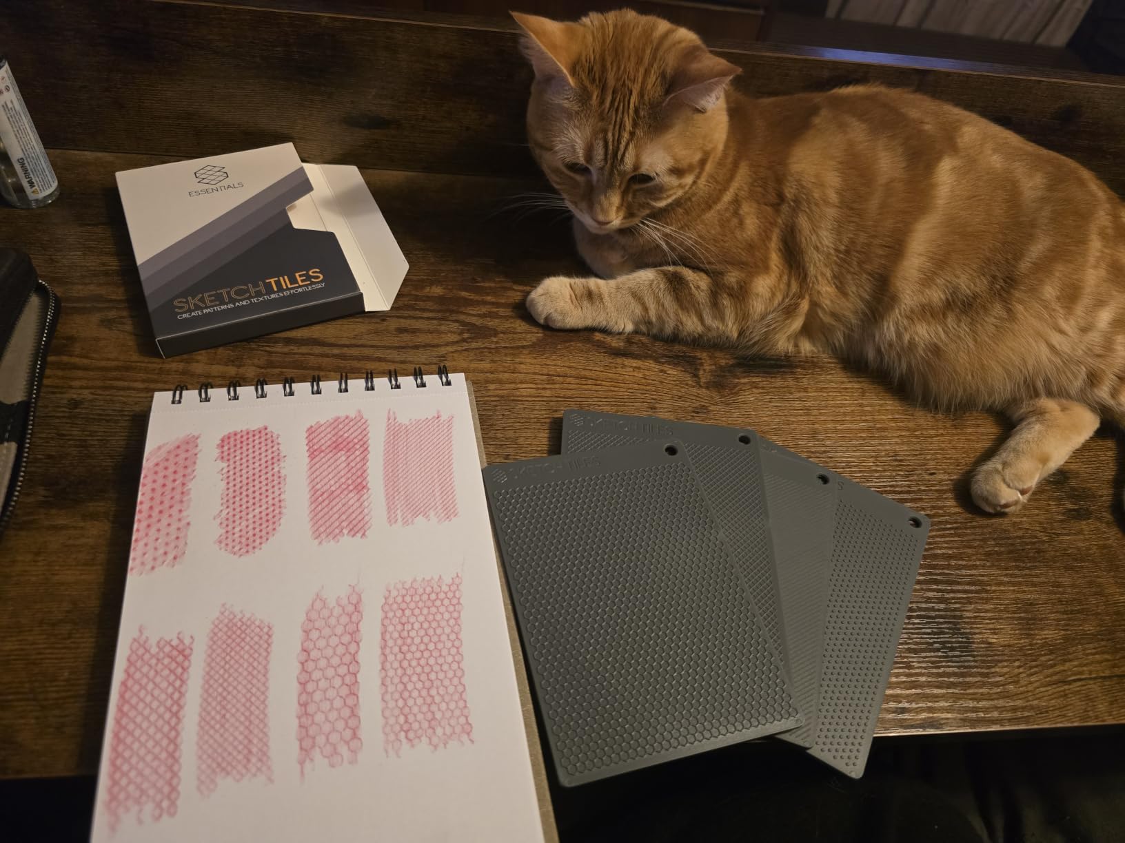 Mud’s SketchTiles and pink pattern samples beside an orange cat