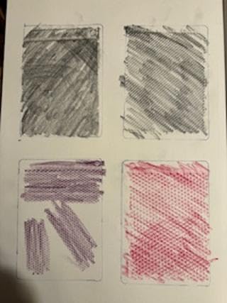 Four pencil and colored-pencil texture tests on paper.