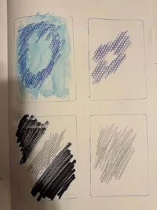 Pencil and colored-pencil pattern tests on paper.