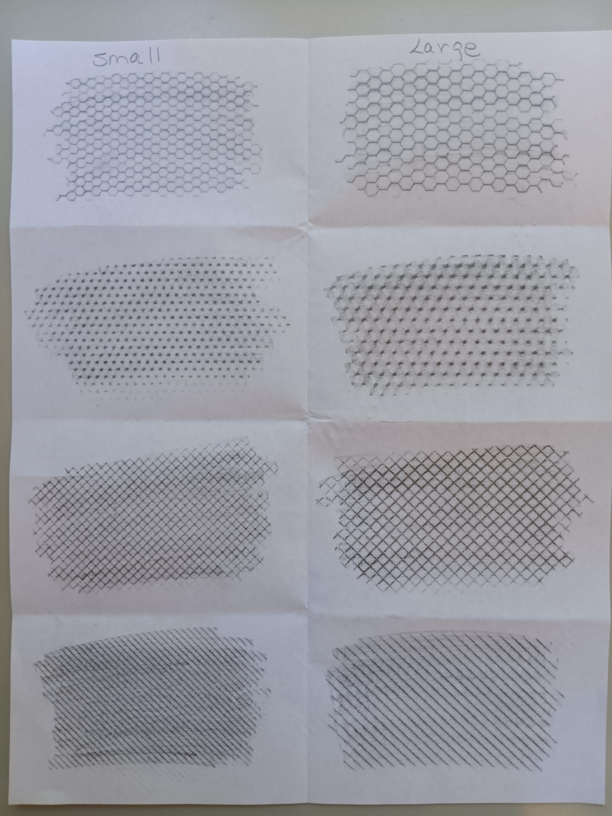 Pencil swatches comparing the small and large versions of all four patterns.
