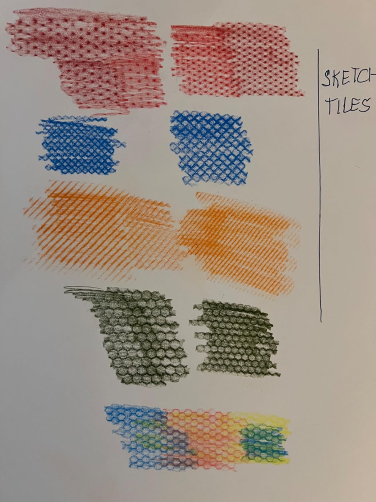 Colored pencil swatches comparing the two scales of SketchTiles patterns.